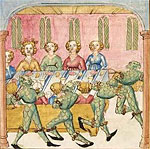 Pontus und seine Freunde tanzen verkleidet bei einem Bankett vor Sidonia und ihren Hofdamen (Cpg 142, fol. 122r)