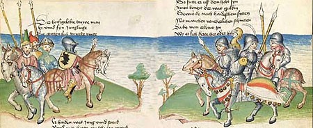Die Rivalen Beliant und Witige (Cpg 353, fol. 9v/10r)