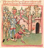 Die Römer brandschatzen Korinth (Cpg 137, fol. 25v)