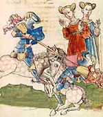 Parzival besiegt einen Ritter im Lanzenstechen (fol. 131r).