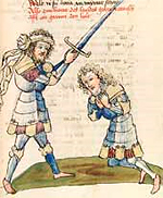 Lippaut schlägt Gawan zum Ritter (fol. 271r).