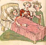 Der verletzte Gawan auf Schastel marveille (fol. 425v).