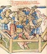 Kolbenturnier, bei dem Gahmuret Hertzeloyde gewinnt (fol. 44v).