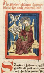 Der Evangelist Johannes beim Schreiben der Apokalypse (fol. 3v).