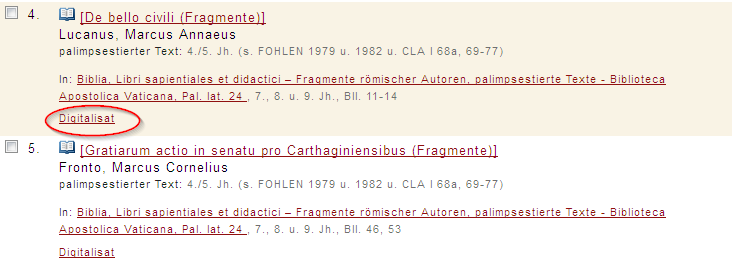 Link "Zum Digitalisat" am Ende jedes Trefferlistenpunktes