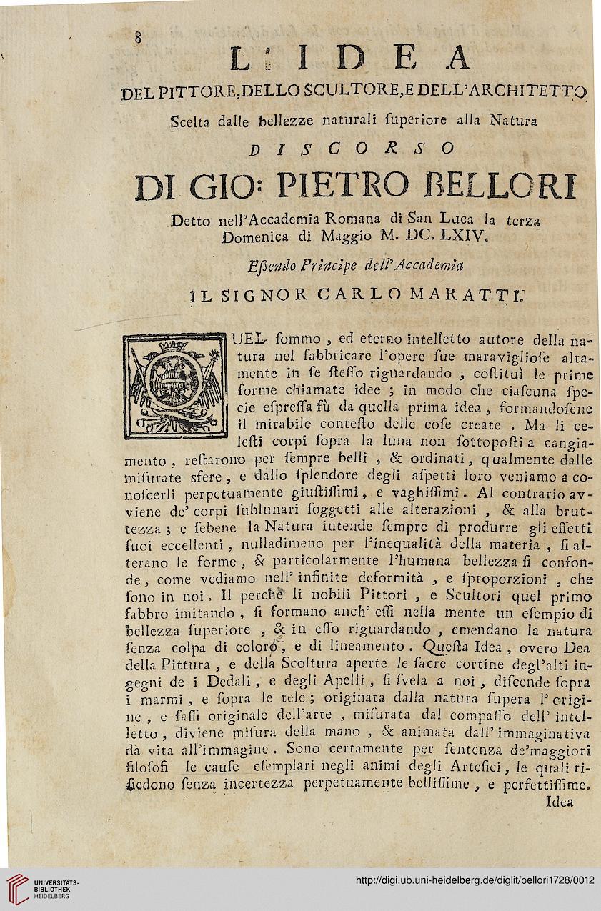 Bellori, Giovanni Pietro: Le Vite De' Pittori, Scultori Ed Architetti  Moderni: Co' Loro Ritratti Al Naturale (Rom, 1728)