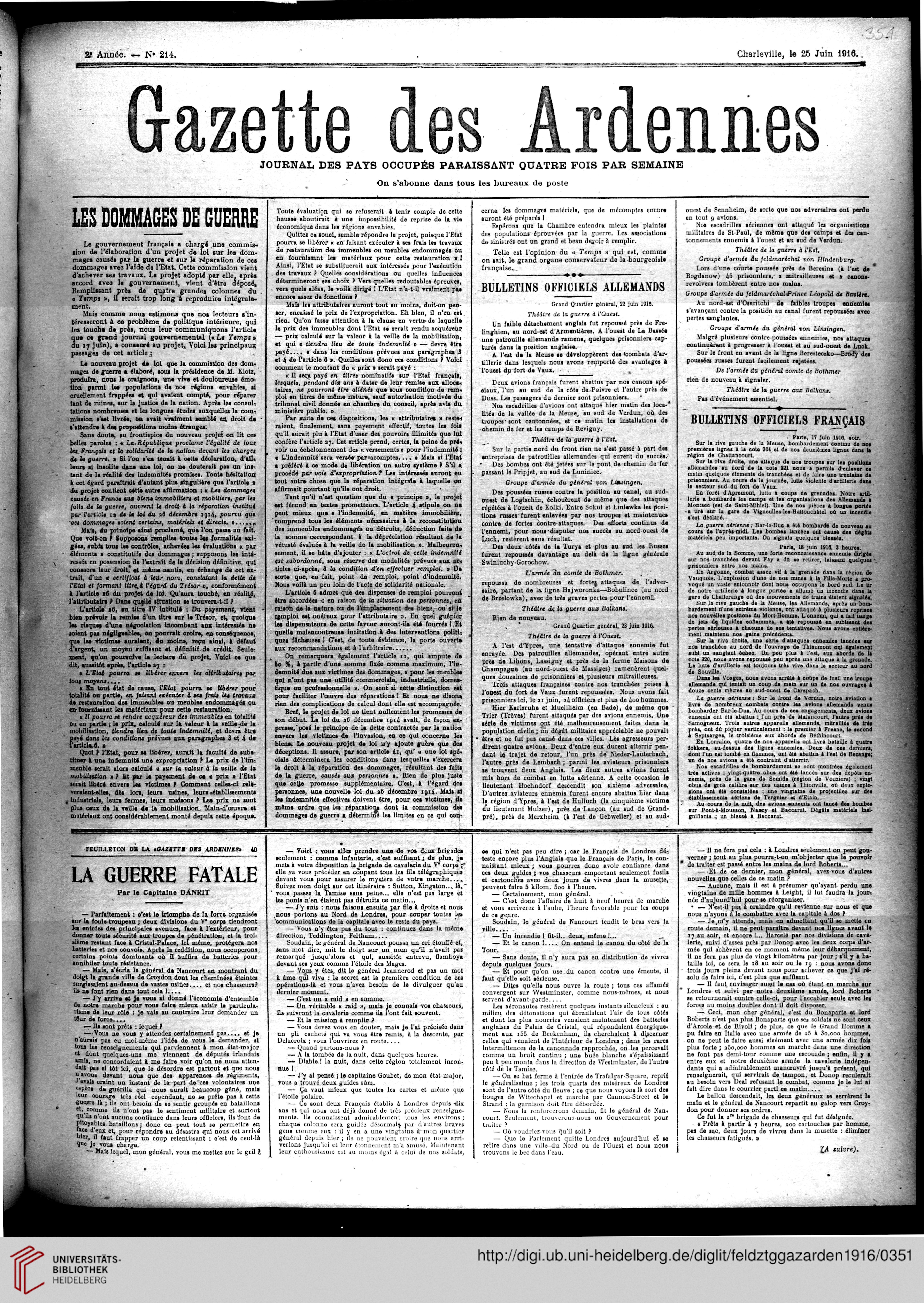 Gazette Des Ardennes Journal Des Pays Occupés Januar 1916 - 