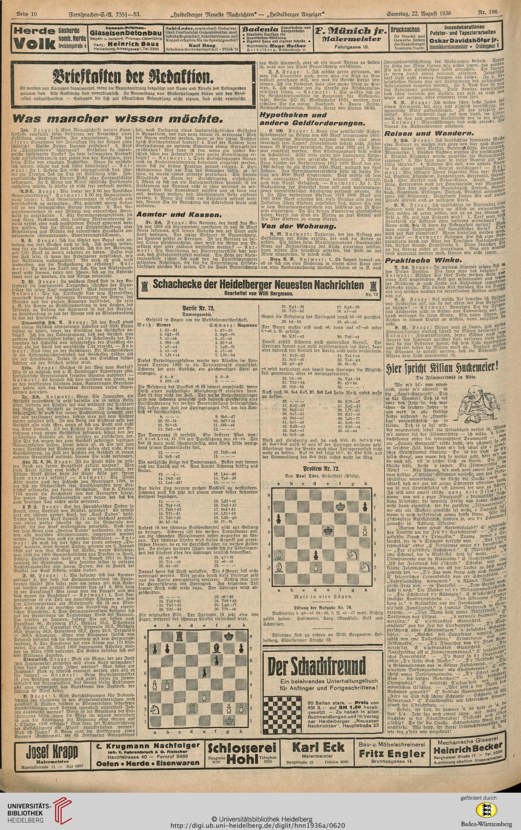 Heidelberger Neueste Nachrichten Heidelberger Anzeiger 1936 Juli Bis