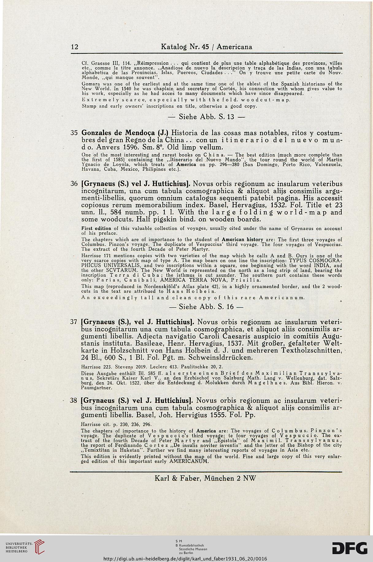 Karl Und Faber Kunst Und Literaturantiquariat Munchen Hrsg Americana Vetustissima Incunabula Xylographica Holzschnittbucher Des 16 Jahrhunderts Katalog Nr 5 Munchen 1931