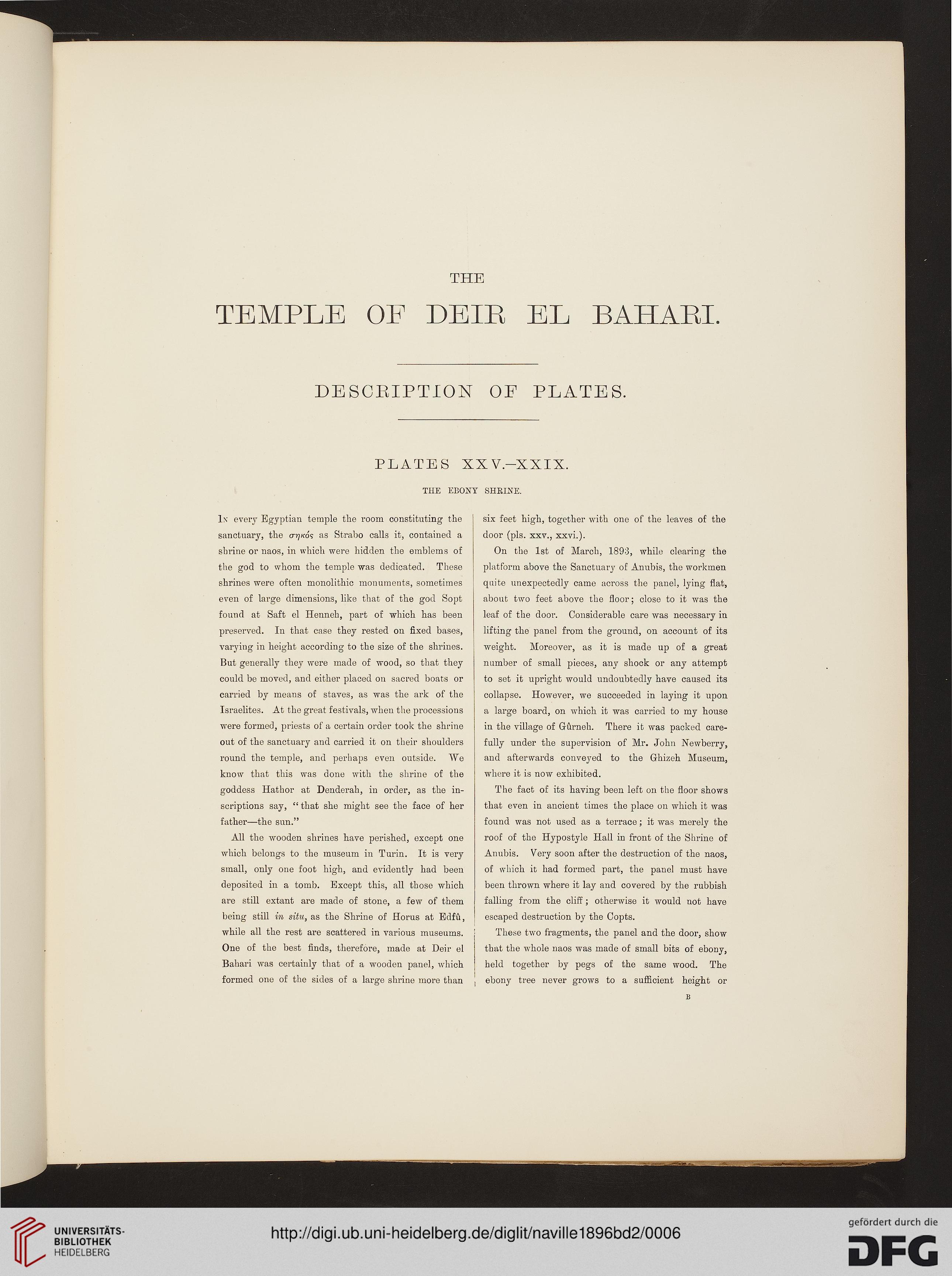 The Temple of Deir el Bahari. Part II. Plates XXV-LV. The Ebony Shrine.  Northern Half of the Middle Platform. by Edouard Naville: GOOD Hardcover  (1896)