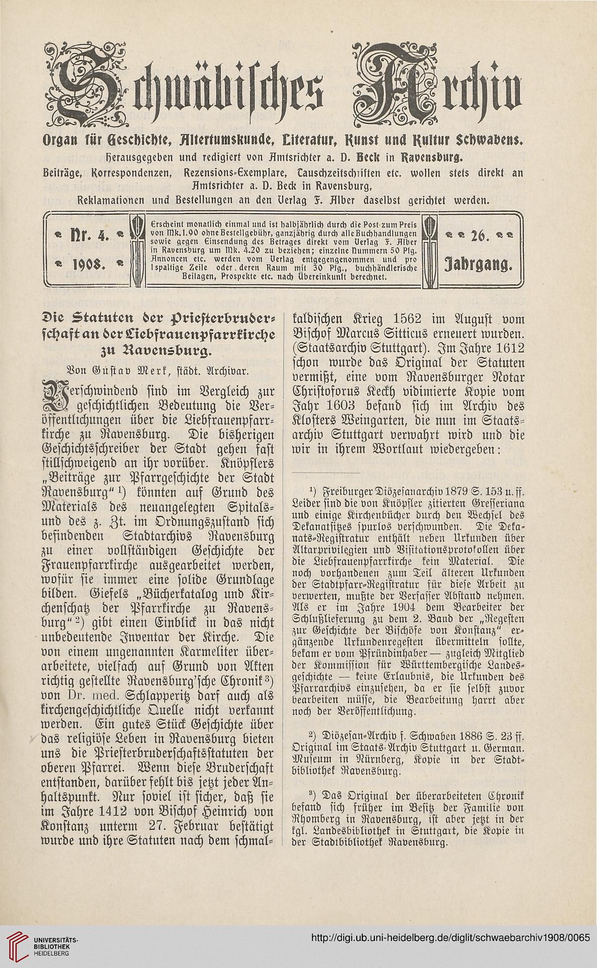 Beck Paul A Hrsg Schwabisches Archiv Organ Fur Geschichte Altertumskunde Literatur Kunst Und Kultur Schwabens 26 1908