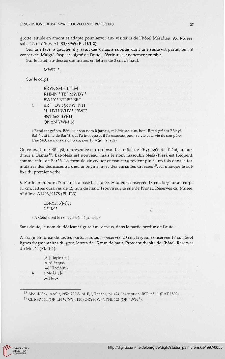 Universitatsbibliothek Heidelberg Www Ub Uni Heidelberg De Englisch Helios Digi Nutzung Welcome Html Www Ub Uni Heidelberg De Helios Digi Nutzung Welcome Html Studia Palmyrenskie 1997 1997 Electronic Ed Universitatsbibliothek