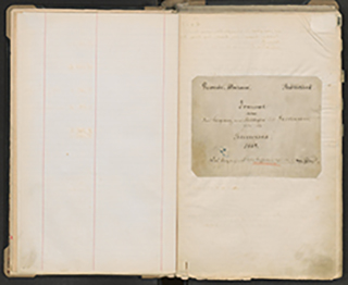 aufgeschlagenes Buch von oben mit handschriftlichen Einträgen und eingeklebten farbigen Illustrationen