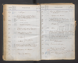 aufgeschlagenes Buch von oben mit handschriftlichen Einträgen und eingeklebten farbigen Illustrationen