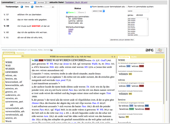 Bildschirmfoto aus der Arbeit mit dem Lemmatisierungstool. Die im unteren Bereich eingeblendete Webseite stammt aus dem Trierer ›Wörterbuchnetz‹.